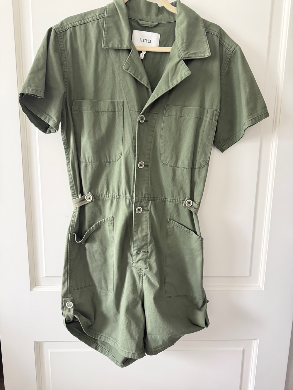 Pistola Olive Green Utility Romper Short Sleeve Jumpsuit